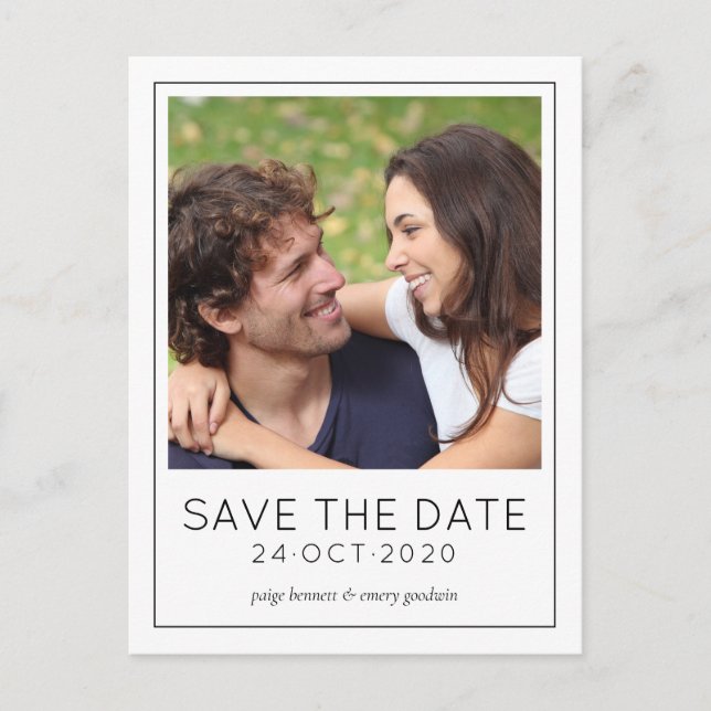 Simple Black and White Framed Photo Save the Date Postcard (Front)