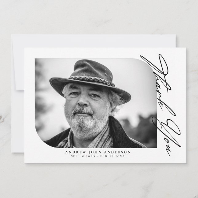Simple Black And White Funeral Photo Thank You Card (Front)