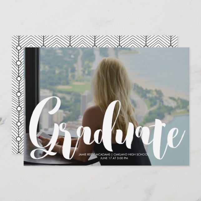 Simple Black and White Geometric Photo Graduation Announcement (Front/Back)
