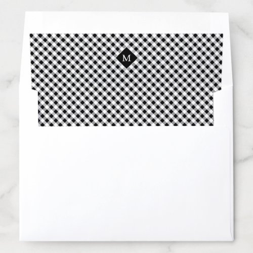 Simple black and white gingham pattern monogram envelope liner