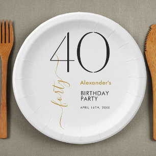 Simple Black and White Gold 40th Birthday Paper Plates