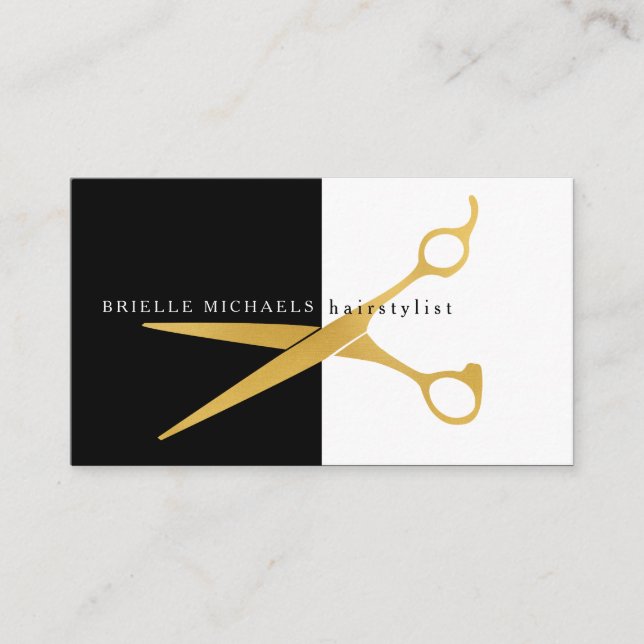 Simple Black and White Gold Scissors Hairstylist Appointment Card (Front)