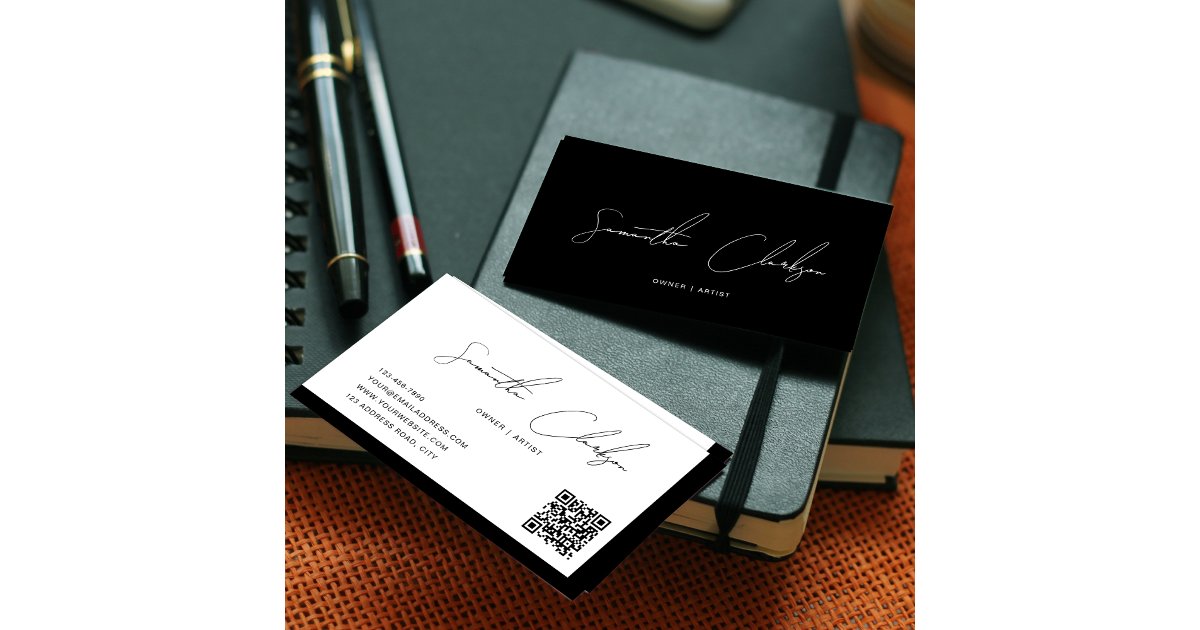 Simple Black and White Handwritten Script QR code Business Card | Zazzle