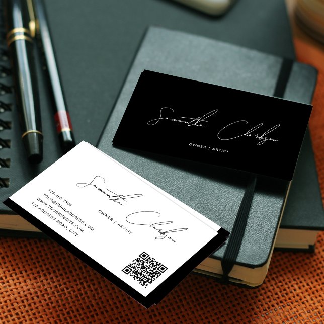 Simple Black and White Handwritten Script QR code Business Card (Creator Uploaded)