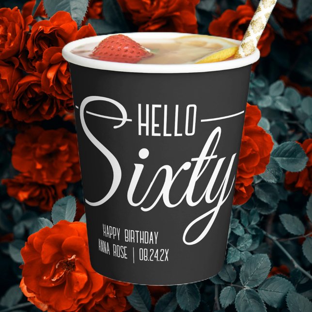 Simple Black and White Hello Sixty 60th Birthday Paper Cups (Creator Uploaded)