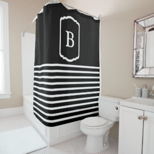 Simple Black and White Horizontal Stripes Monogram Shower Curtain