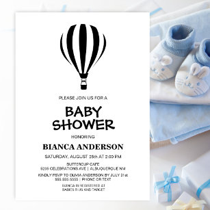 Simple Black and White Hot Air Balloon Baby Shower Invitation