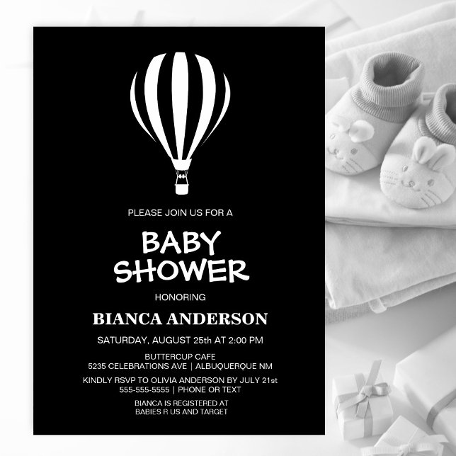 Simple Black and White Hot Air Balloon Baby Shower Invitation (Creator Uploaded)