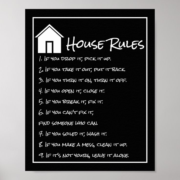 Simple Black and White House Rules Poster | Zazzle