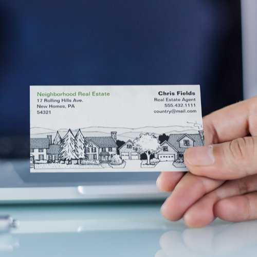 Simple Black and White Illustration of Homes Business Card