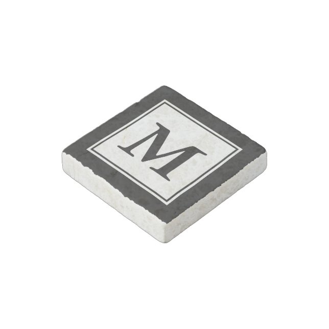 Simple Black and White Initial Monogram Stone Magnet (Angled)