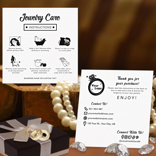 Simple Black and White Jewelry Care Instructions Square Business Card