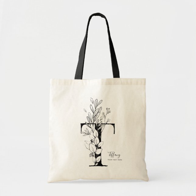 Simple Black and white letter T rustic floral Tote Bag (Front)