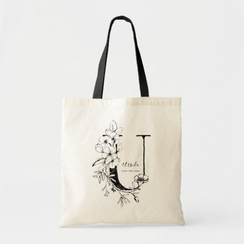 Simple Black and white letter U rustic floral Tote Bag