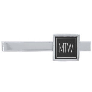 Simple Black and White Letters Monogram Initials Silver Finish Tie Bar