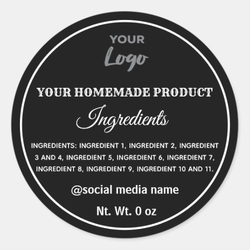 Simple black and white logo ingredients classic round sticker