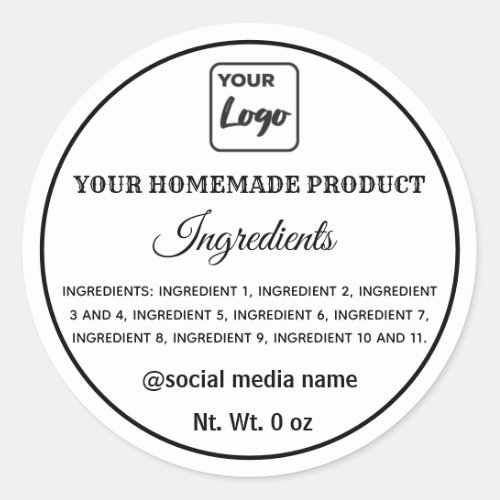 Simple black and white logo ingredients square sti classic round sticker