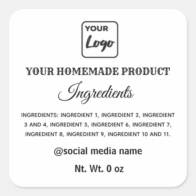 Simple black and white logo ingredients square sticker (Front)