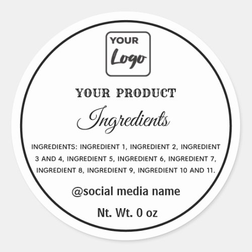 Simple black and white logo product ingredients  classic round sticker