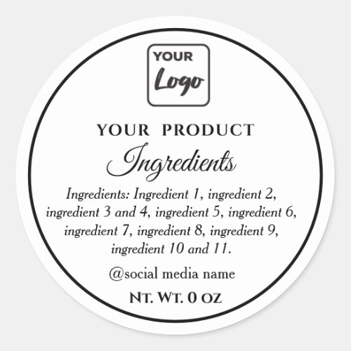 Simple black and white logo product ingredients classic round sticker