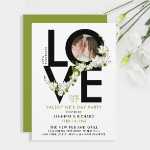 Simple Black And White Love Script Photo Floral Invitation