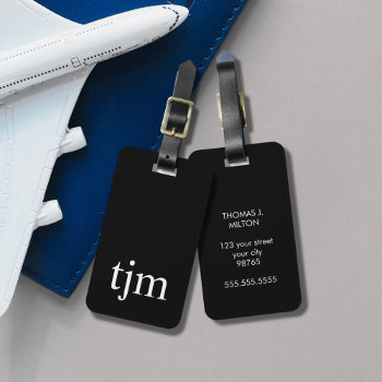 Simple Black And White Masculine Monogram Luggage Tag by Weaselgift at Zazzle