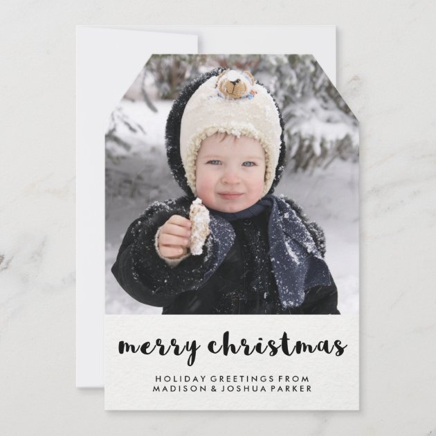 Simple Black And White Merry Christmas With Photo Holiday Card