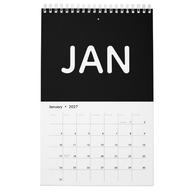 Simple Black and White Minimalist 2026 Calendar (Jan 2027)