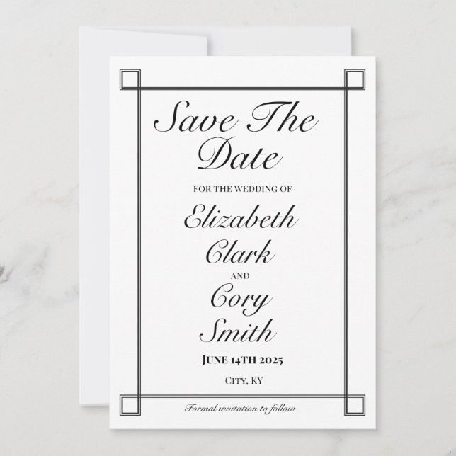 Simple Black and White Minimalist Elegance Wedding Save The Date (Front)
