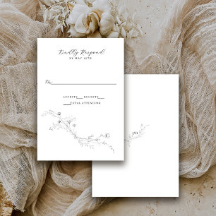 Simple Black and White Minimalist Rustic Floral RSVP Card