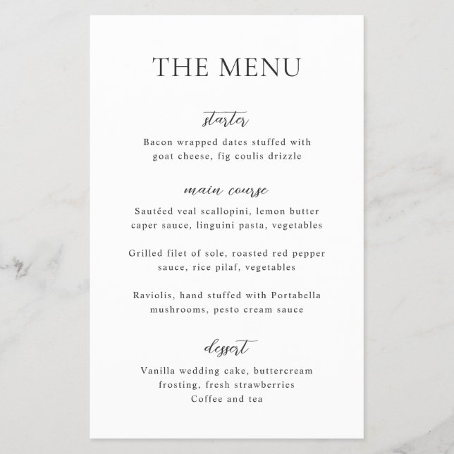 Simple Black and White Modern Budget Wedding Menu Flyer (Front)