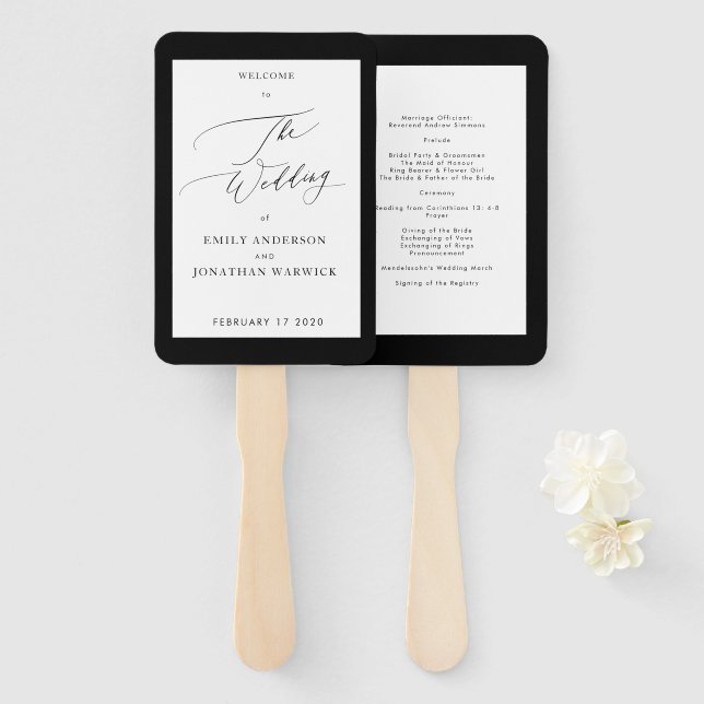 Simple Black and White Modern Calligraphy Wedding Hand Fan (Front and Back)