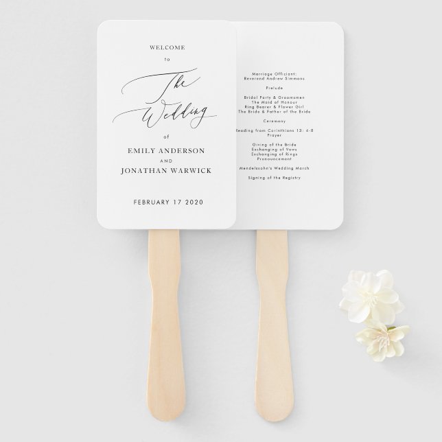 Simple Black and White Modern Calligraphy Wedding Hand Fan (Front and Back)