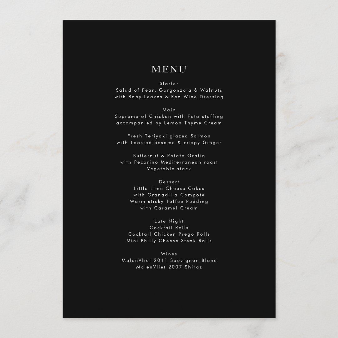 Simple Black and White Modern Calligraphy Wedding Menu | Zazzle