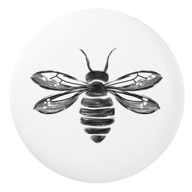 Simple Black and White Modern Hand-drawn Cute Bee Ceramic Knob (Front)