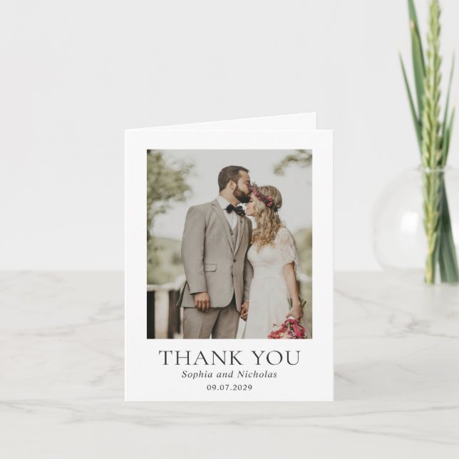 Simple Black and White Modern Photo Wedding Thank You Card (Front)