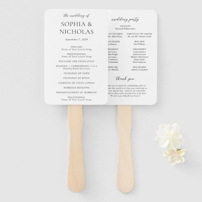 Simple Black and White Modern Wedding Program Hand Fan (Front and Back)