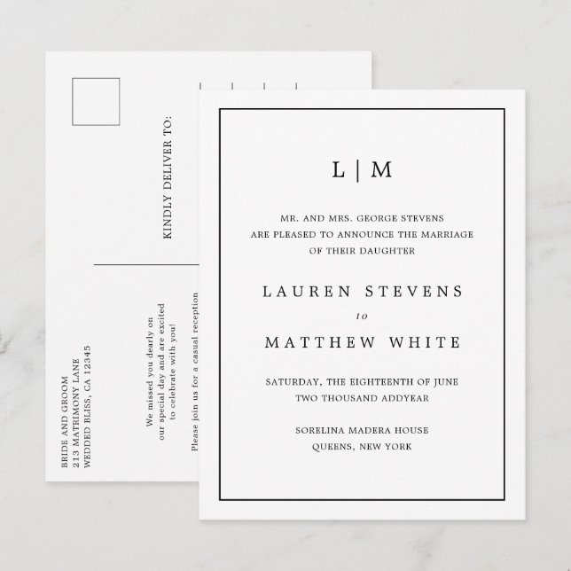 Simple Black and White Monogram Elegant Wedding Announcement Postcard (Front/Back)