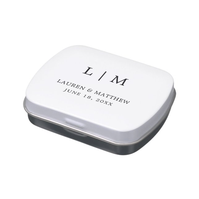 Simple Black and White Monogram Elegant Wedding Candy Tin (Side)