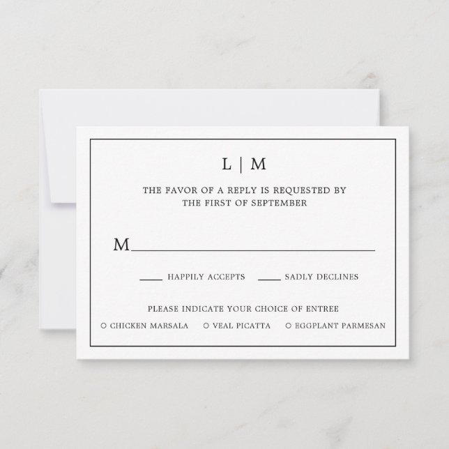 Simple Black and White Monogram Elegant Wedding RSVP Card (Front)