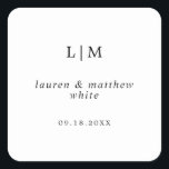 Simple Black and White Monogram Elegant Wedding Square Sticker<br><div class="desc">Chic and modern wedding favor stickers with a minimal design featuring your two initial monogram with your names and date below in black, over a white background. The fonts and background colors may be changed to any colors you wish. These elegant and stylish stickers are perfect for the minimalist couple...</div>