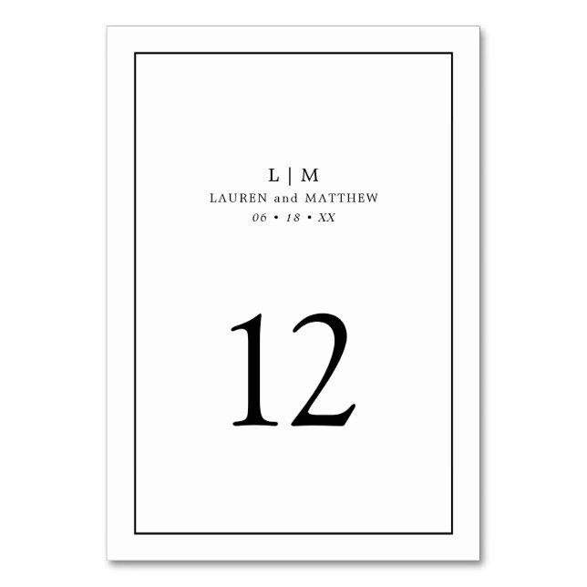 Simple Black and White Monogram Elegant Wedding Table Number (Front)
