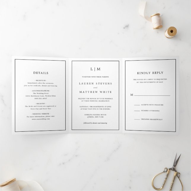 Simple Black and White Monogram Elegant Wedding Tri-Fold Invitation (Inside)