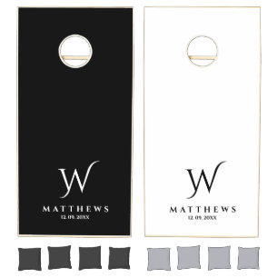 Simple Black and White Monogram family Cornhole Se Cornhole Set