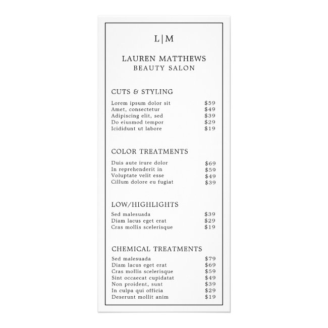 Simple Black and White Monogram Salon Price List Rack Card
