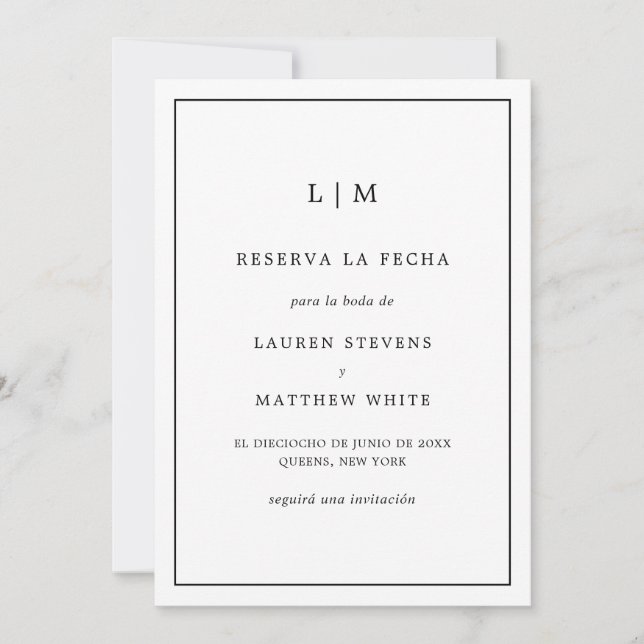 Simple Black and White Monogram Spanish Wedding Save The Date (Front)