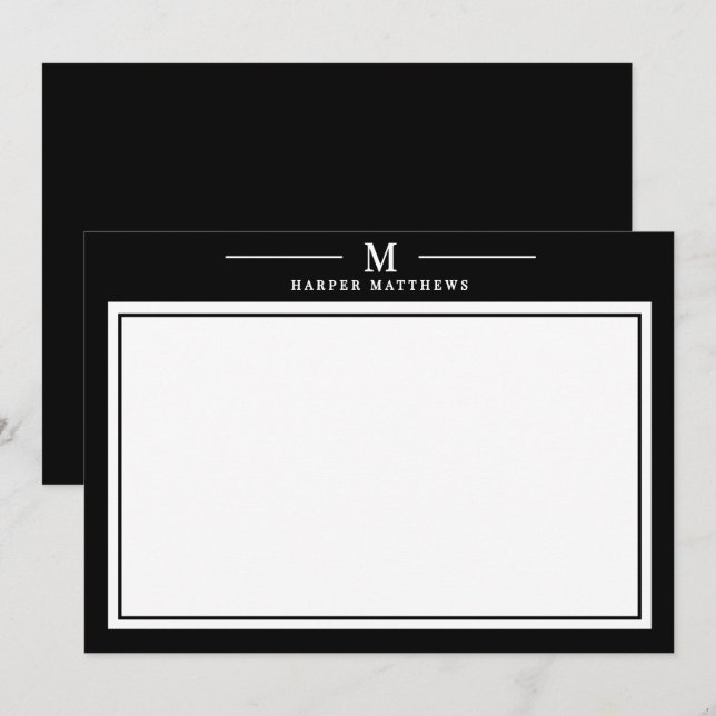 Simple Black and White Monogram Stationery Note Card (Front/Back)