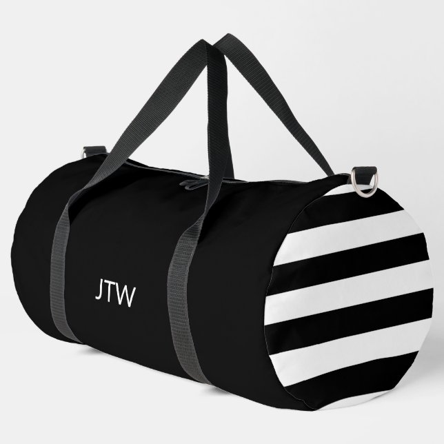 Simple Black and White Monogram Stripes Striped Duffle Bag (Left Corner)