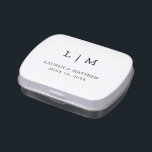 Simple Black and White Monogram Wedding Candy Tin<br><div class="desc">Simple wedding mint candy tin featuring a modern yet elegant design with your two letter monogram along with your names and date in black over a white background. The font and background colors may be changed to any colors you wish by clicking the "customize" button. These chic and stylish mint...</div>