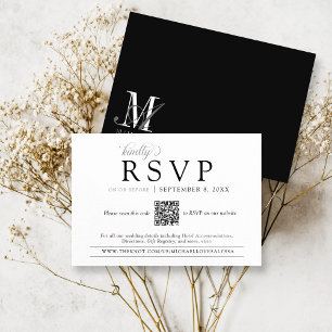 Simple Black and White Monogram Wedding QR RSVP Enclosure Card
